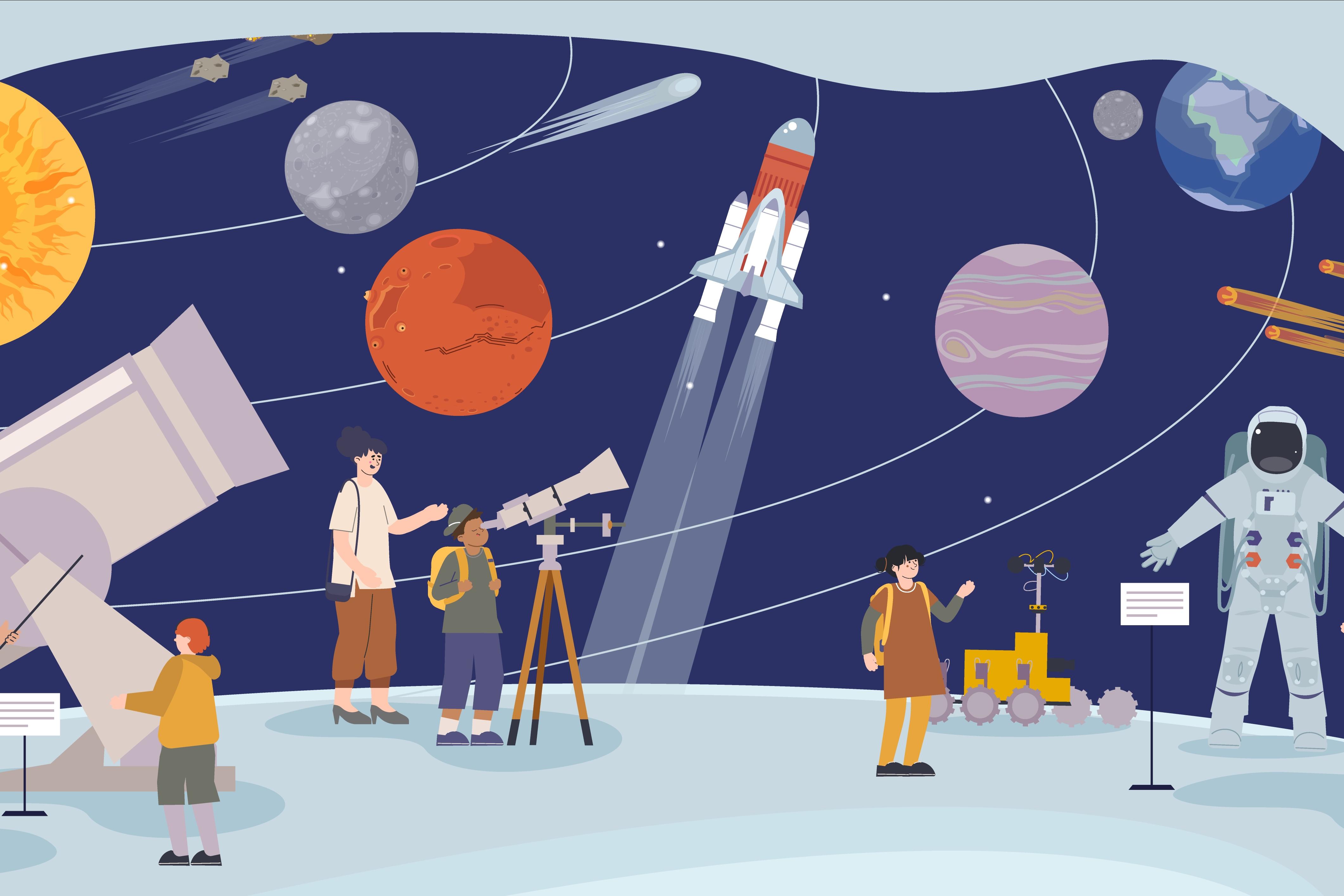 Kids planetarium experience Auckland, families exploring space exhibits and telescopes at Stardome Observatory