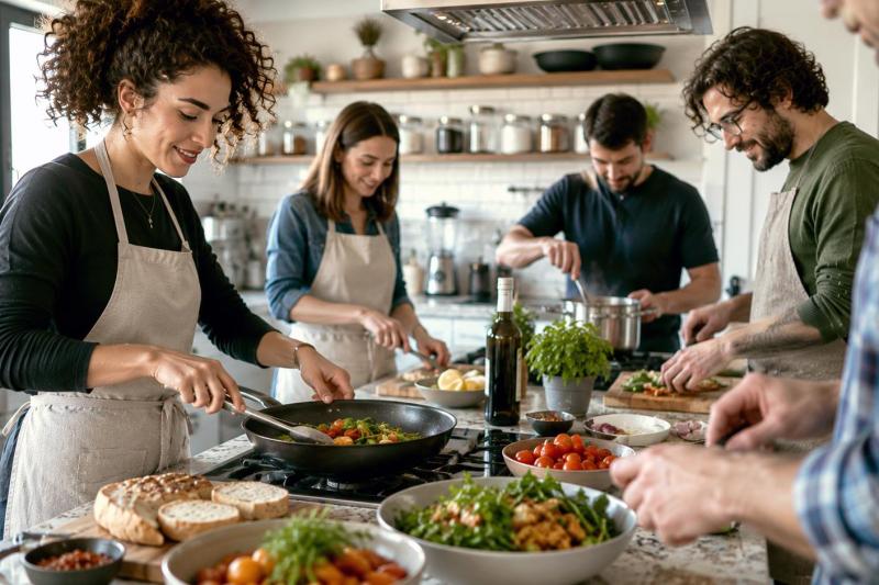 Adults learning to cook at a hands-on cooking course in Auckland, preparing fresh meals together in a modern kitchen.