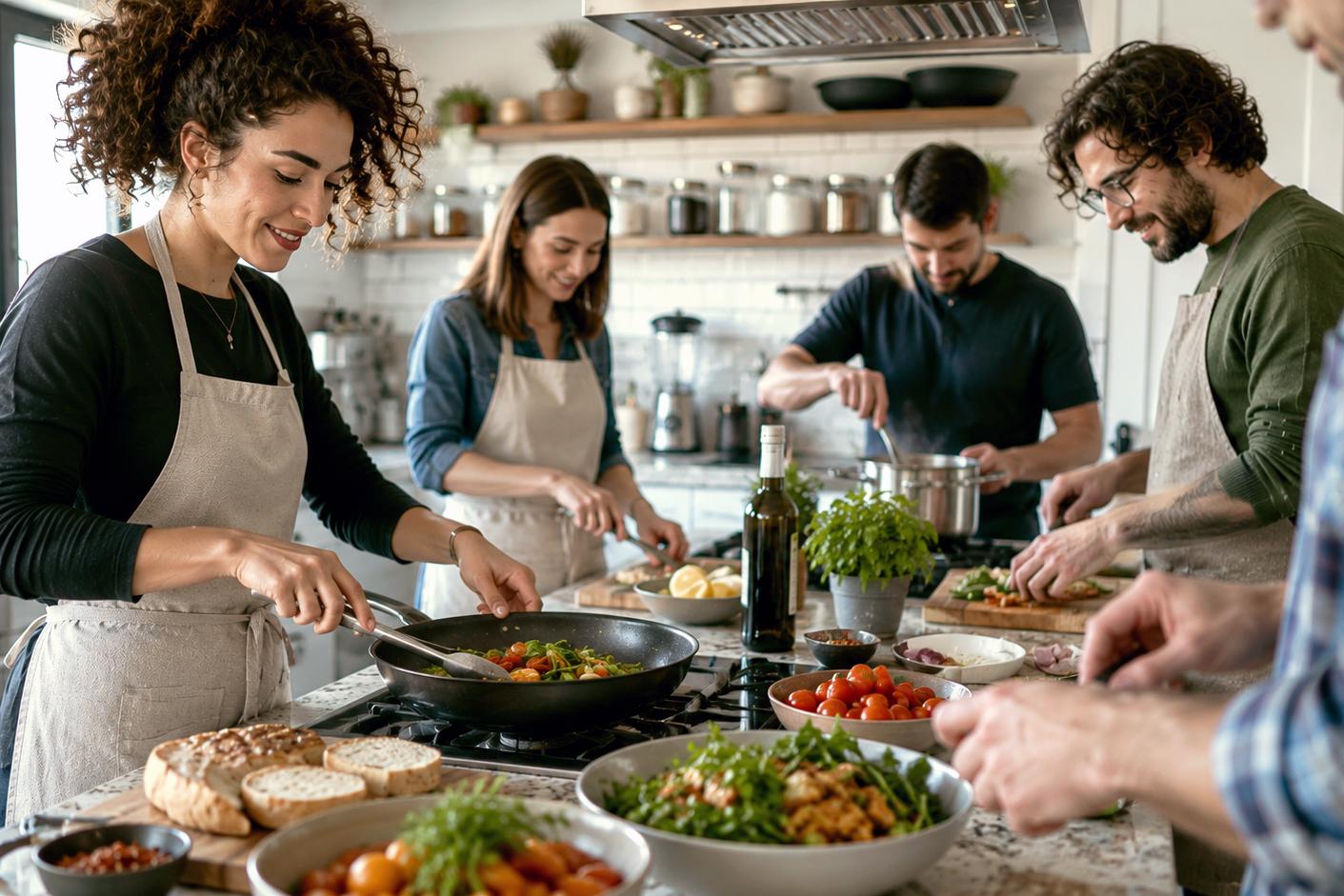 Adults learning to cook at a hands-on cooking course in Auckland, preparing fresh meals together in a modern kitchen.